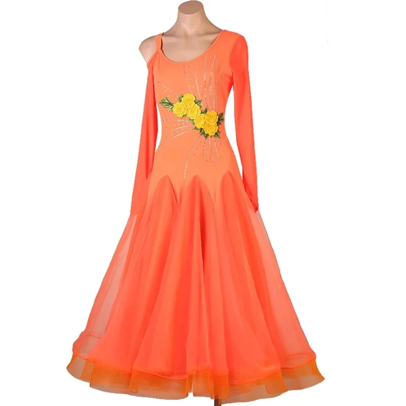 Coral Ballroom Gown | Floral Accent | Long Sleeve | XXS-XXL