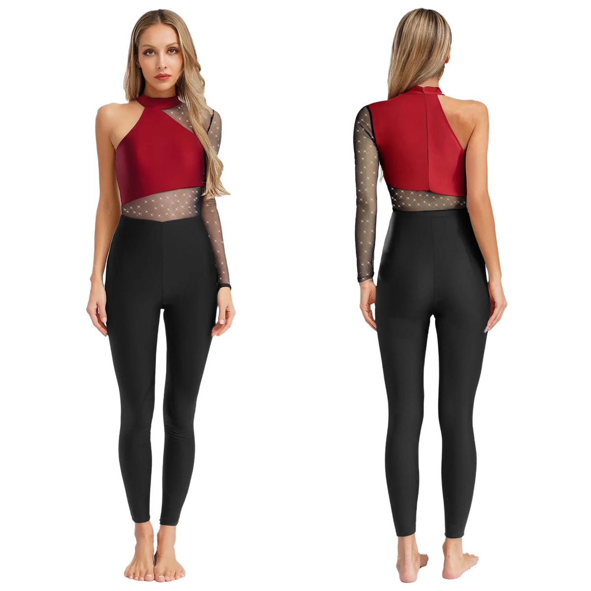 One Shoulder Rhinestone Mesh Jumpsuit | Dance Unitard