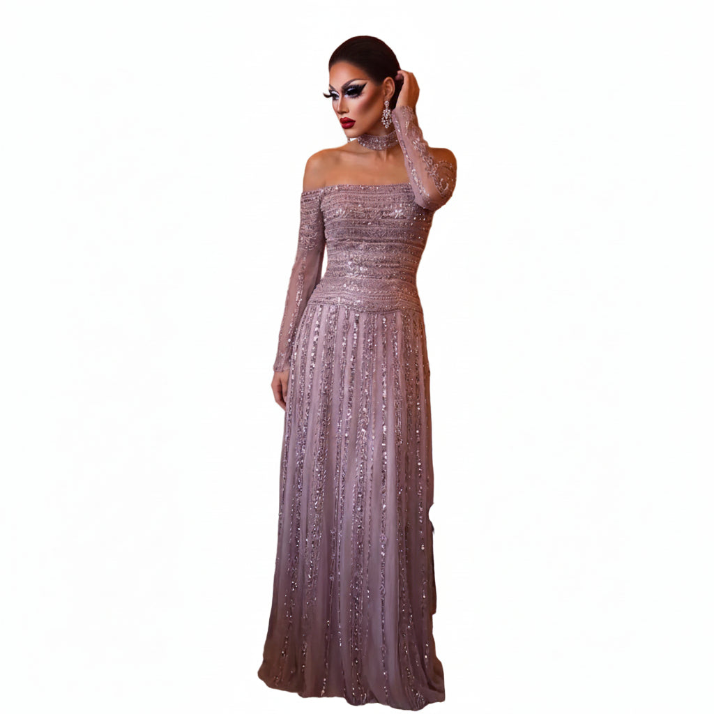Beaded Off-Shoulder Gown | Choker & Long Sleeves | Grey, Pink, Champagne