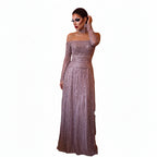 Beaded Off-Shoulder Gown | Choker & Long Sleeves | Grey, Pink, Champagne