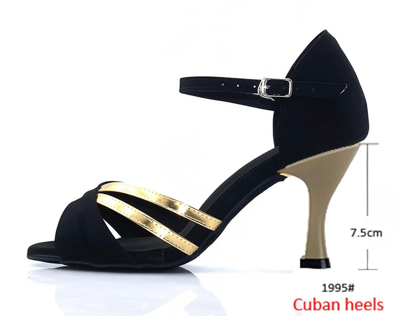 Latin Dance Heels | Black Velvet & Gold | Cuban Heel