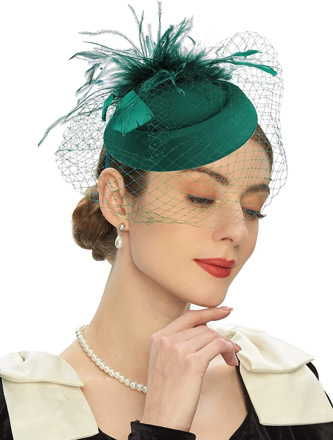 Pillbox Fascinator Hat | Fishnet Veil & Feather | 11 Colors