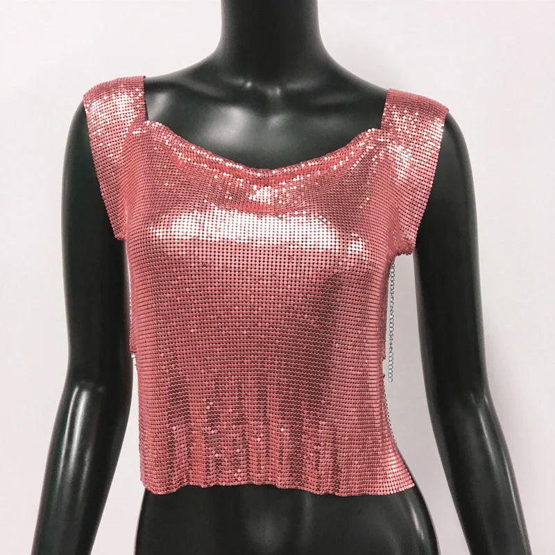 Sequin Backless Crop Top - Diamond Metal Party Tank