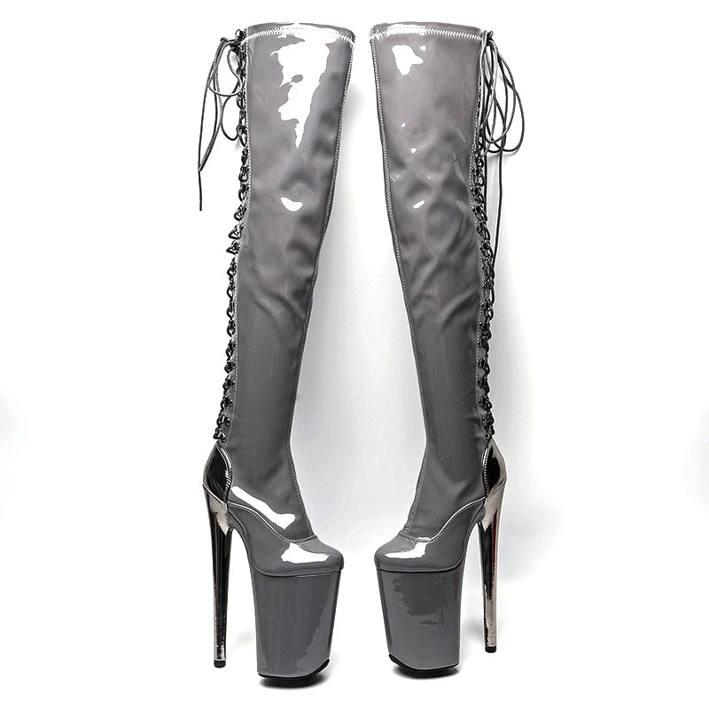 23CM Platform Thigh-High Pole Dance Boots - Patent Finish High Heel Boots