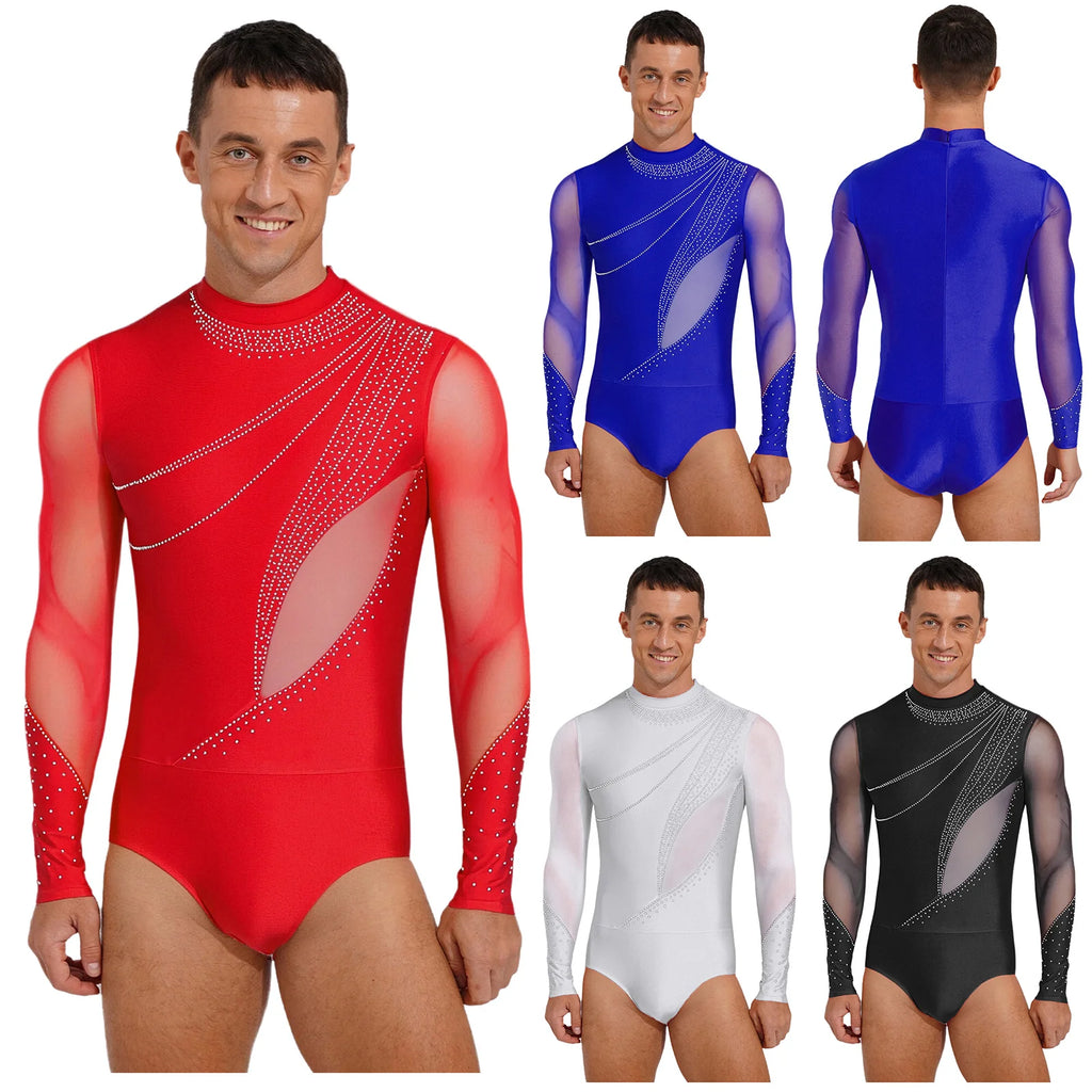 Men's Rhinestone Mesh Leotard | Mock Neck & Long Sleeve | Snap Crotch