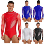 Men's Rhinestone Mesh Leotard | Mock Neck & Long Sleeve | Snap Crotch