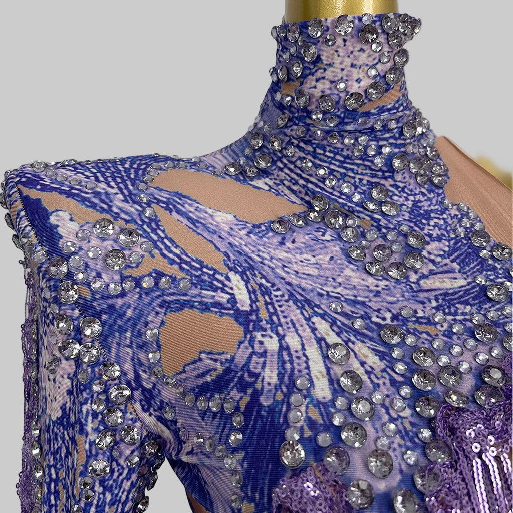 Purple Sequin Fringe Bodysuit - Sparkly Tassel Performance Leotard for Stage & Dance