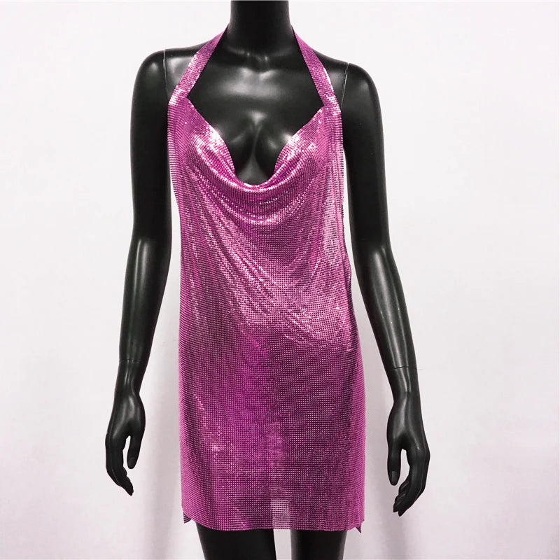 Metal Sequin Halter Mini Dress - Backless V-Neck Side Split Dress