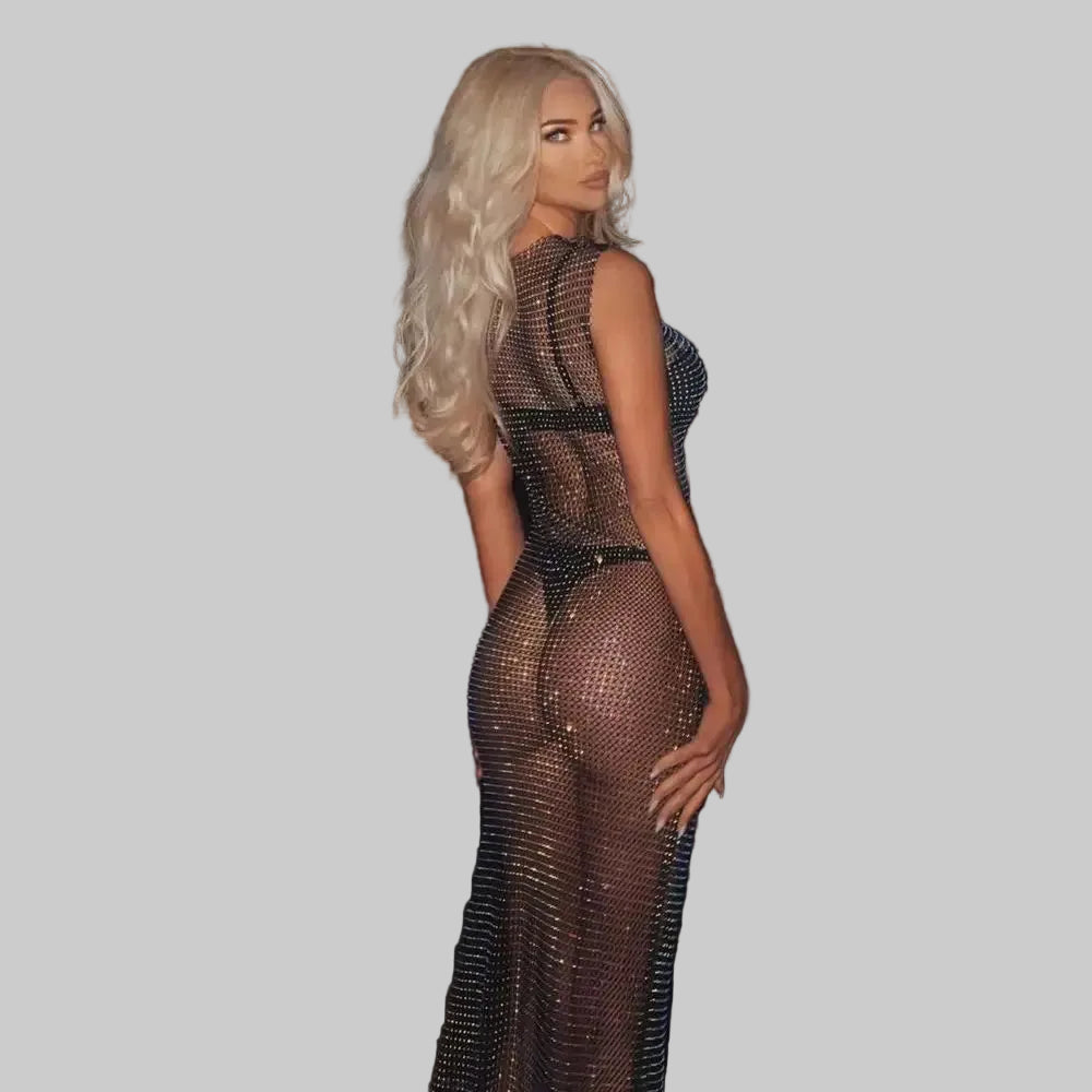 Rhinestone Mesh Maxi Dress - Off Shoulder See-Through Gown
