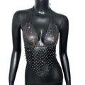 Mesh Fishnet Rhinestone Halter Crop Top - Sheer Backless Tank