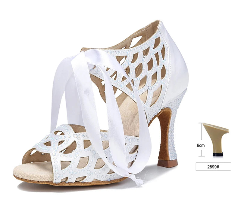 Cut-Out Lace-Up Latin Dance Sandals | Cuban Heel | 6–10cm | White, Black & Nude