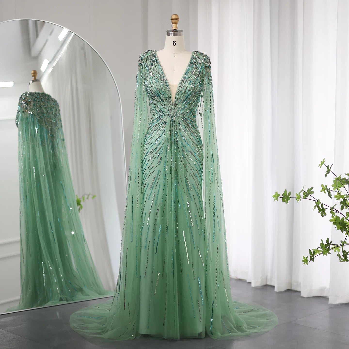 Crystal Cape Pageant Gown | Beaded | Floor-Length