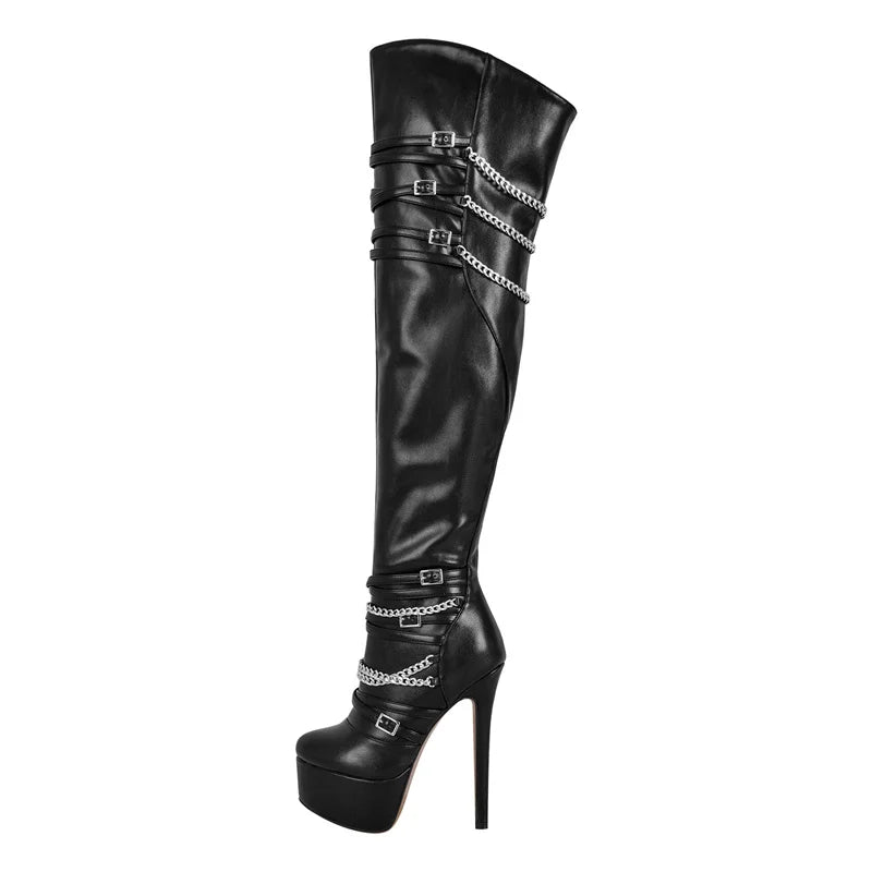 Platform OTK Stiletto Boots | Chain Detail | Black, White & Rose