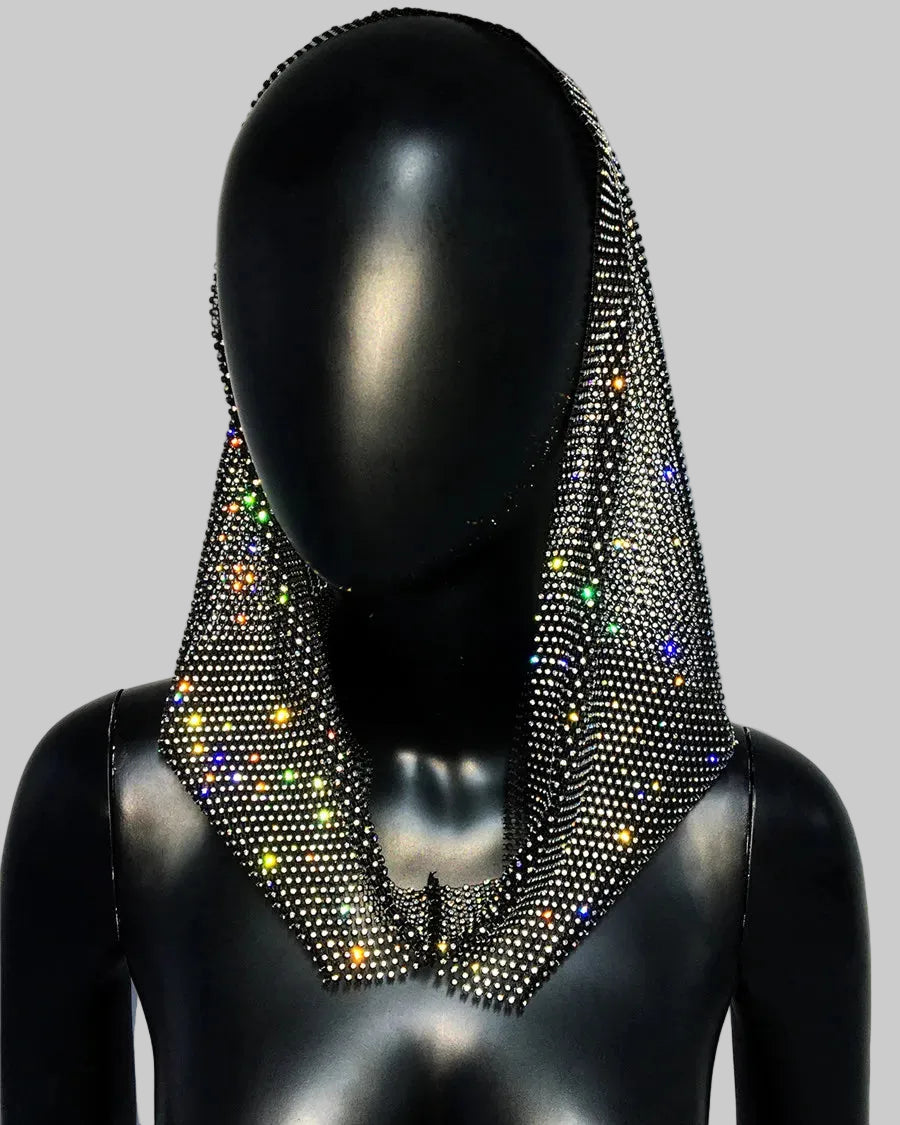 Rhinestone Mesh Hood - Sheer Fishnet Performance Headpiece