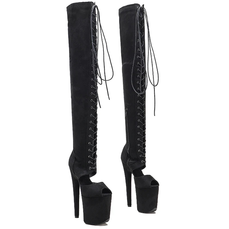20cm Black Suede Over-Knee Boots - Open Toe Platform Dance Boots