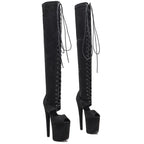 20cm Black Suede Over-Knee Boots - Open Toe Platform Dance Boots