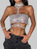 Rhinestone Metal Halter Crop Top - Backless Waist Camisole