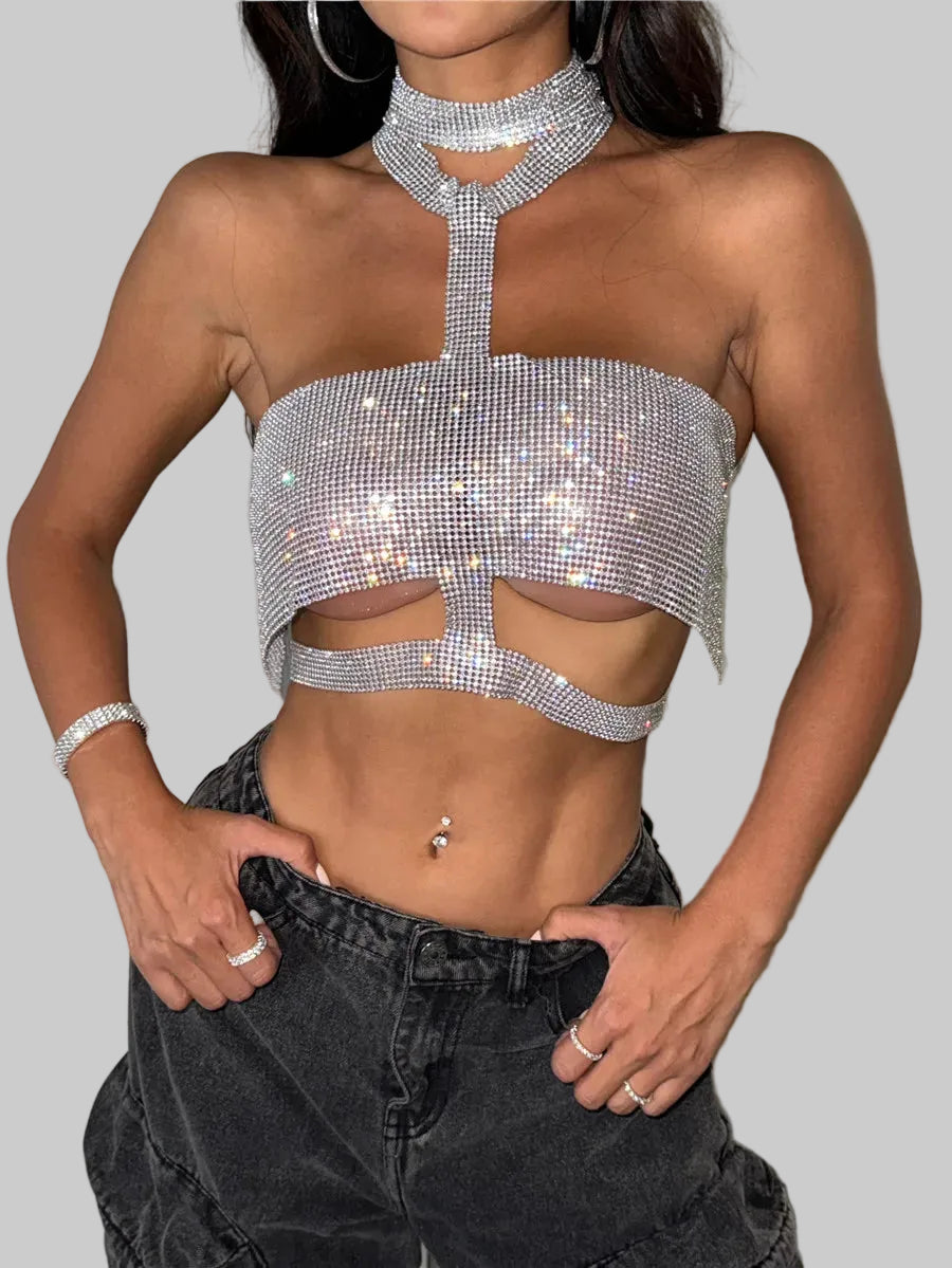 Rhinestone Metal Halter Crop Top - Backless Waist Camisole