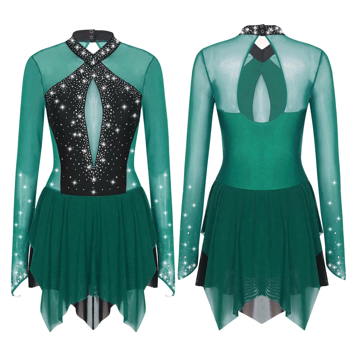 Rhinestone Mesh Skating Dress | Long Sleeve | Backless