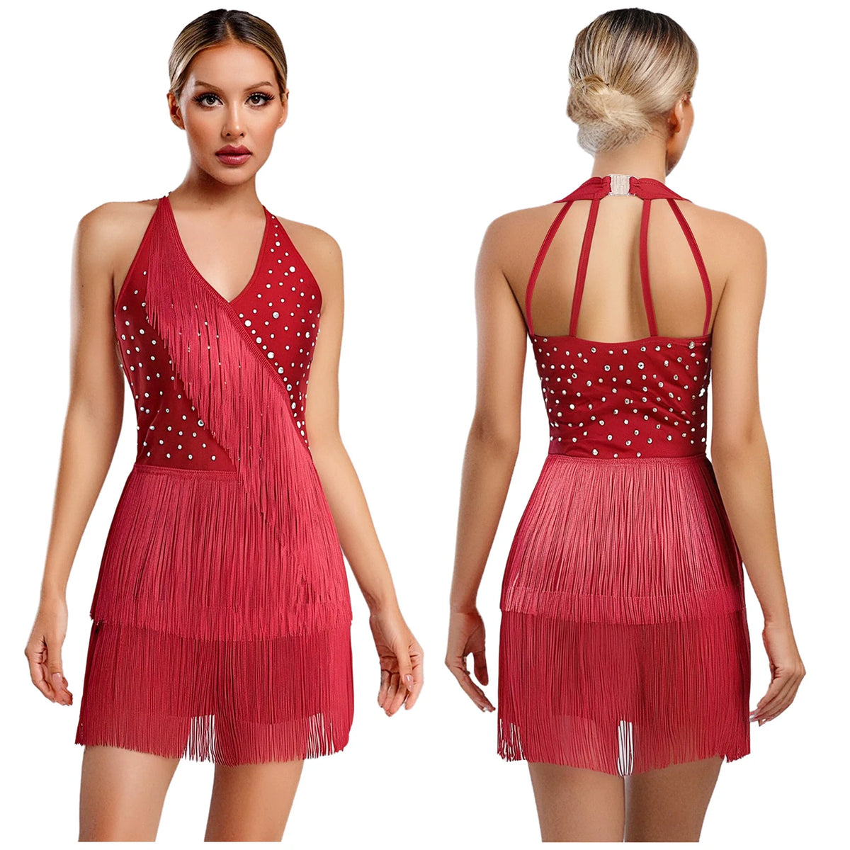 Latin Dance Bodysuit | Layered Rhinestone Fringe