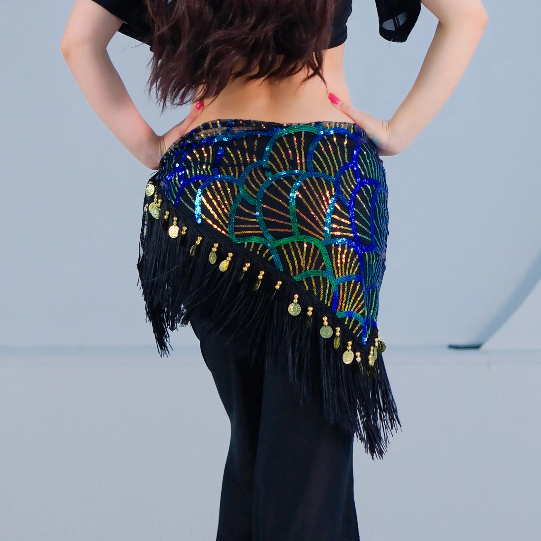 Belly Dance Hip Scarf | Sequin Fringe | Gold Coins