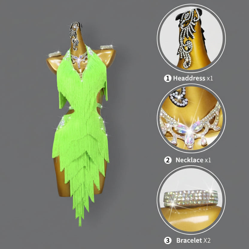 Latin Samba Cabaret Dance Dress – Rhinestone Tassel Floral Stage Costume