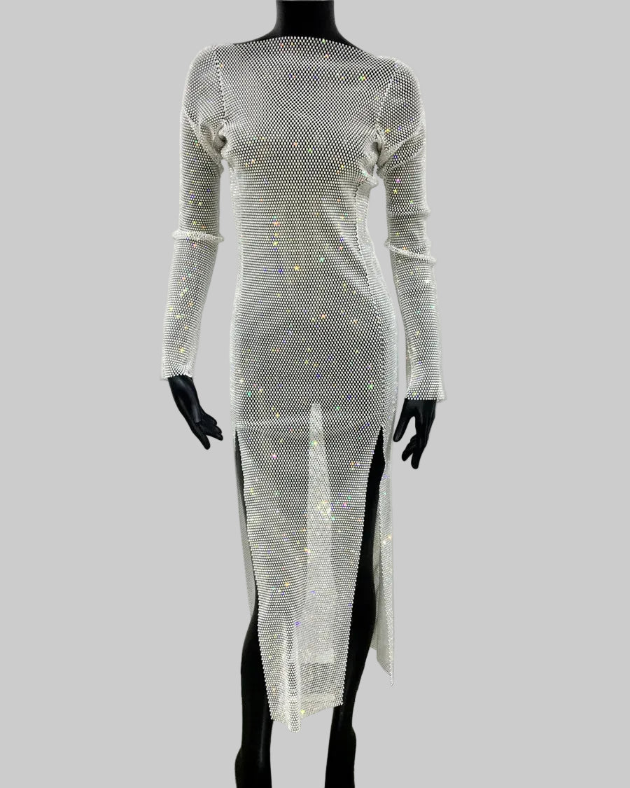 Crystal Rhinestone Bodycon Dress - Long Sleeve Sheer Maxi Dress