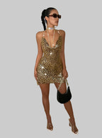 Leopard Print Sequin Mini Dress with Halter Neck