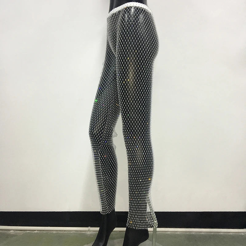 Rhinestone Fishnet Wide Leg Pants - Sheer Mesh Trousers