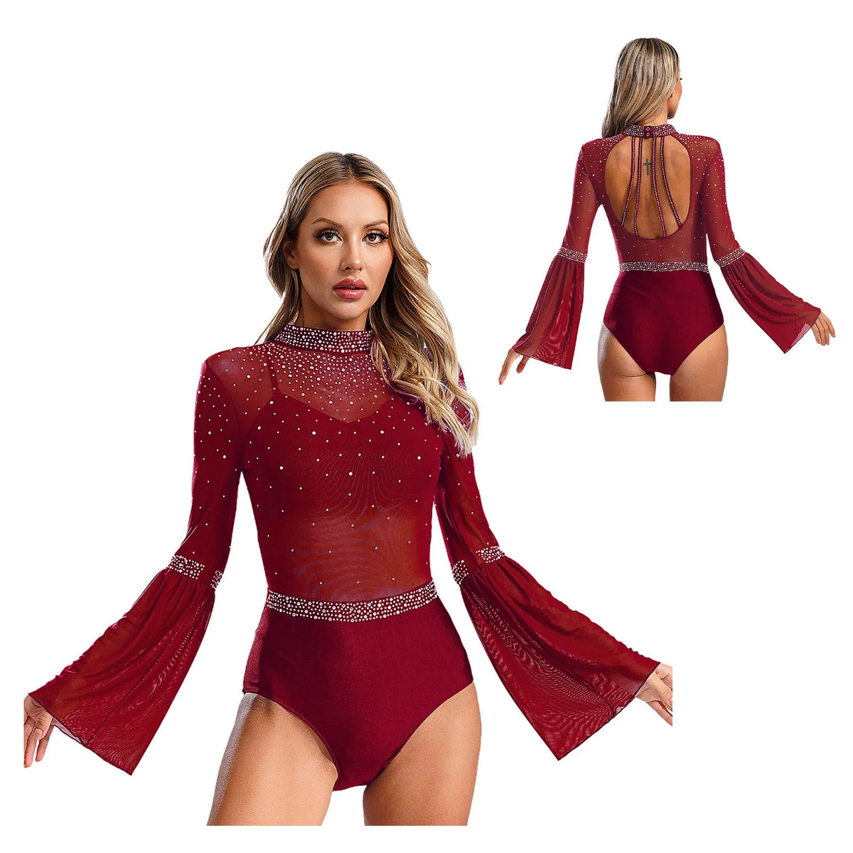 Celeste Rhinestone Flare-Sleeve Bodysuit