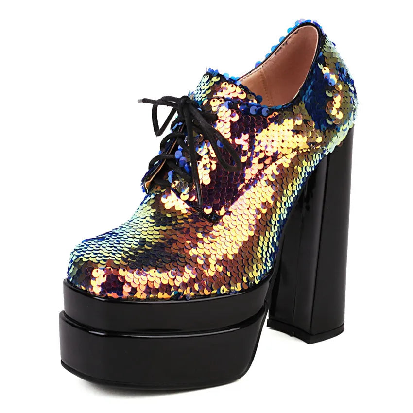 Platform Derby Heels | Sequin Sparkle | 14.5cm