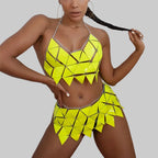 PU Leather Geometry 2-Piece Set - Backless Top & Mini Skirt Rave Outfit
