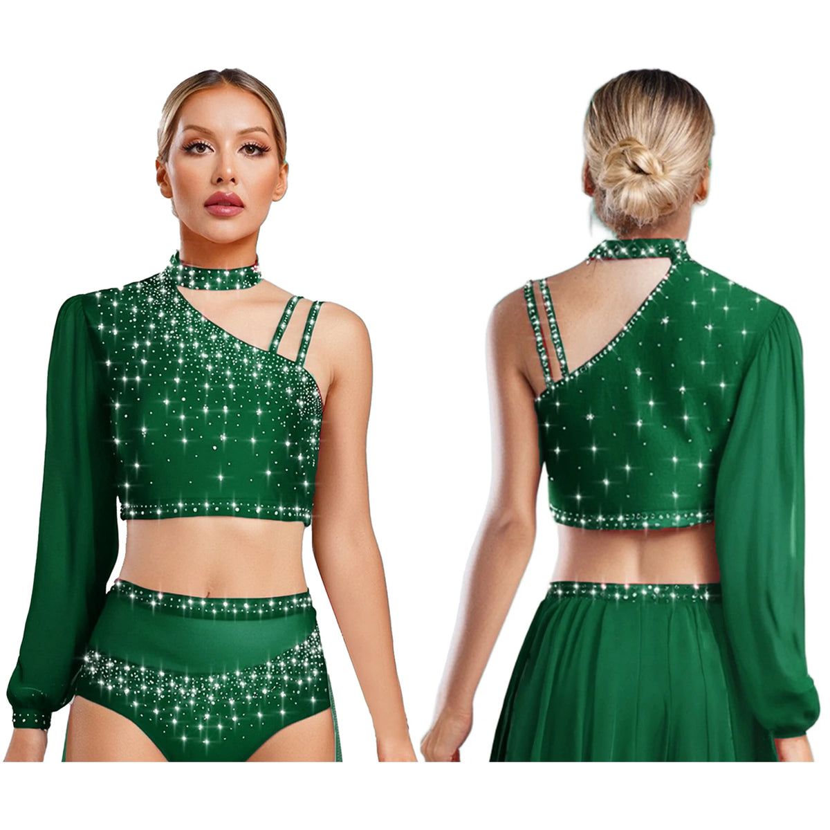 Rhinestone Asymmetric Dance Crop Top | One Mesh Sleeve | Latin Salsa Samba