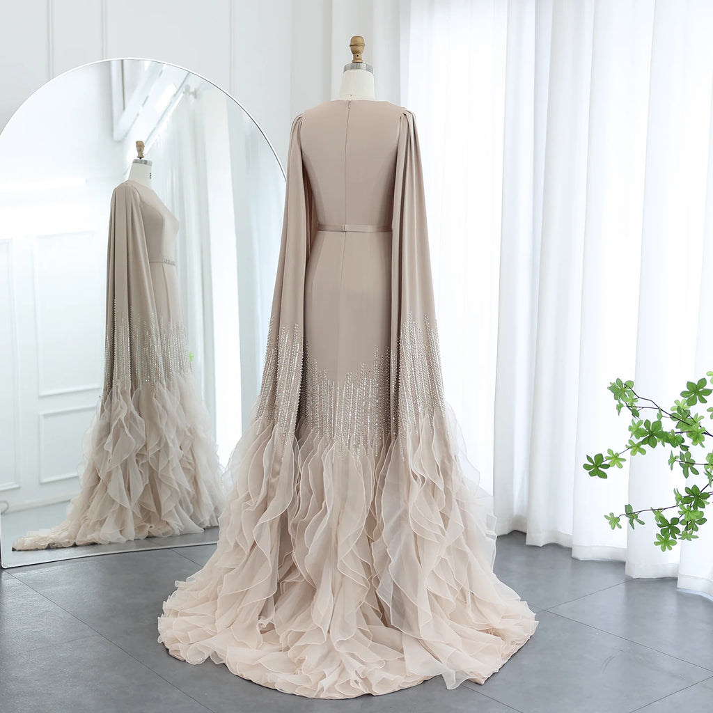 Ruffle Cape Mermaid Gown | Scoop Neck | Nude, White, Burgundy