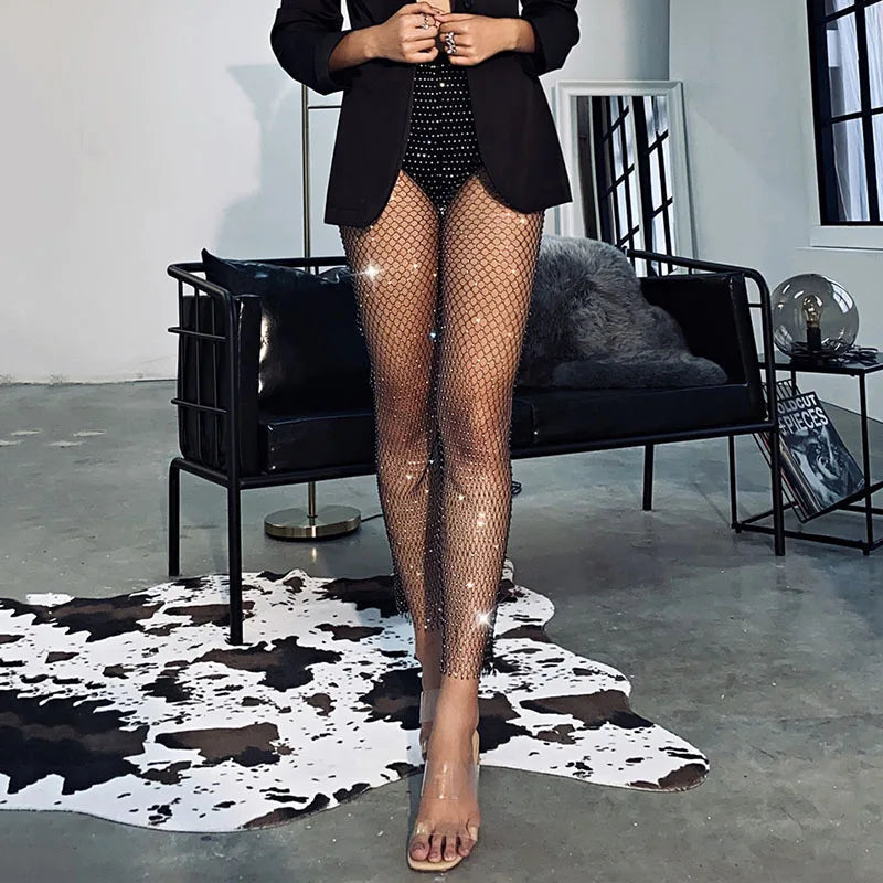 Rhinestone Fishnet Wide Leg Pants - Sheer Mesh Trousers
