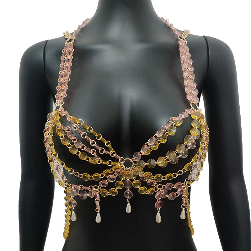 Glitter Crystal Pearl Tassel Crop Top - Backless Sheer Performance Top
