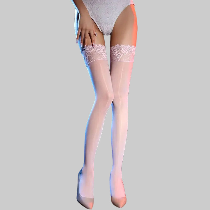 Shiny Lace‑Top Thigh‑High Stockings