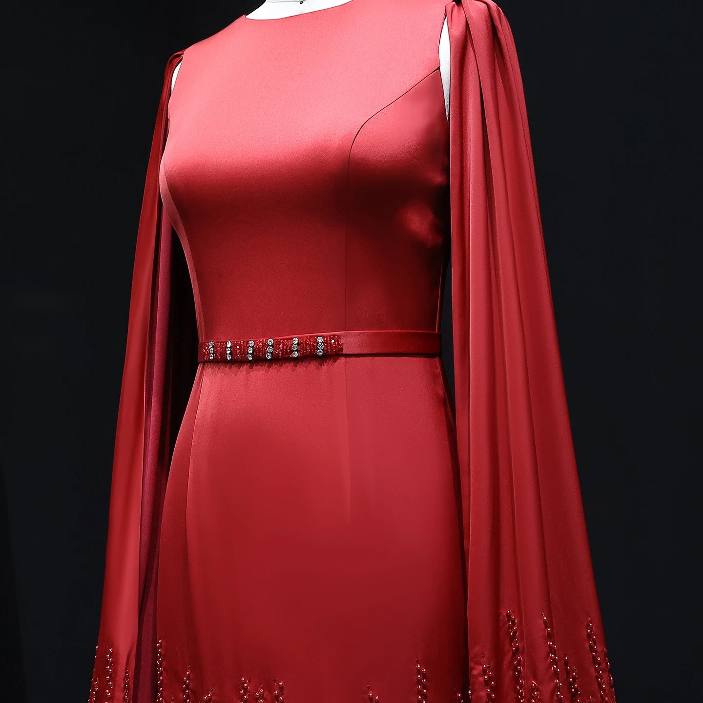 Ruffle Cape Mermaid Gown | Scoop Neck | Nude, White, Burgundy