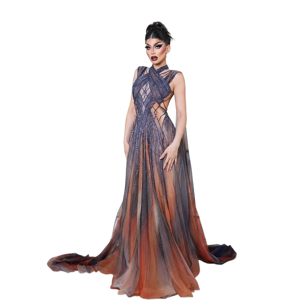 Purple Ombre Beaded Halter Pageant Gown | Criss-Cross Back | Sweep Train