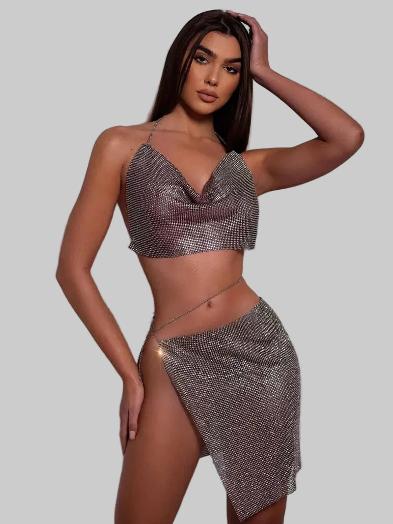Rhinestone 2-Piece Set - Backless Crop Top & Split Mini Skirt