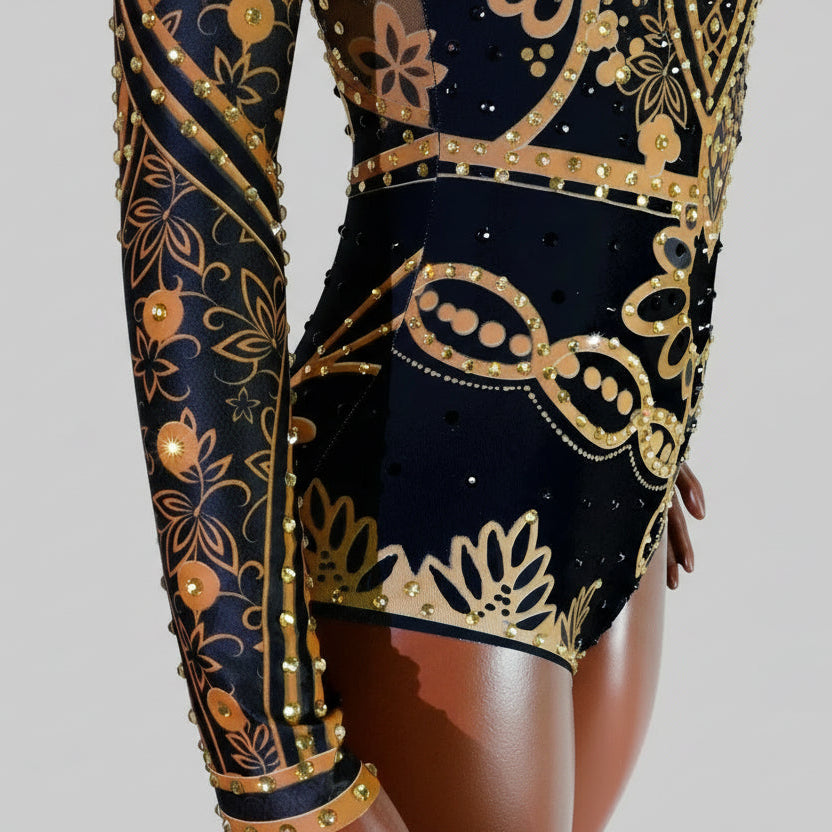 Luxe Black & Gold Diamond Embellished Fringe Bodysuit – Stage Performance Edition