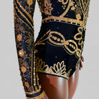 Luxe Black & Gold Diamond Embellished Fringe Bodysuit – Stage Performance Edition