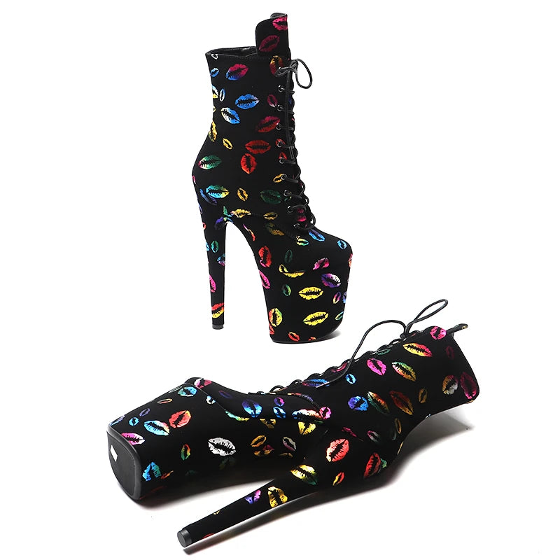 Lip Print Platform Ankle Boots - 8 Inch Fashion Pole Dance Boots