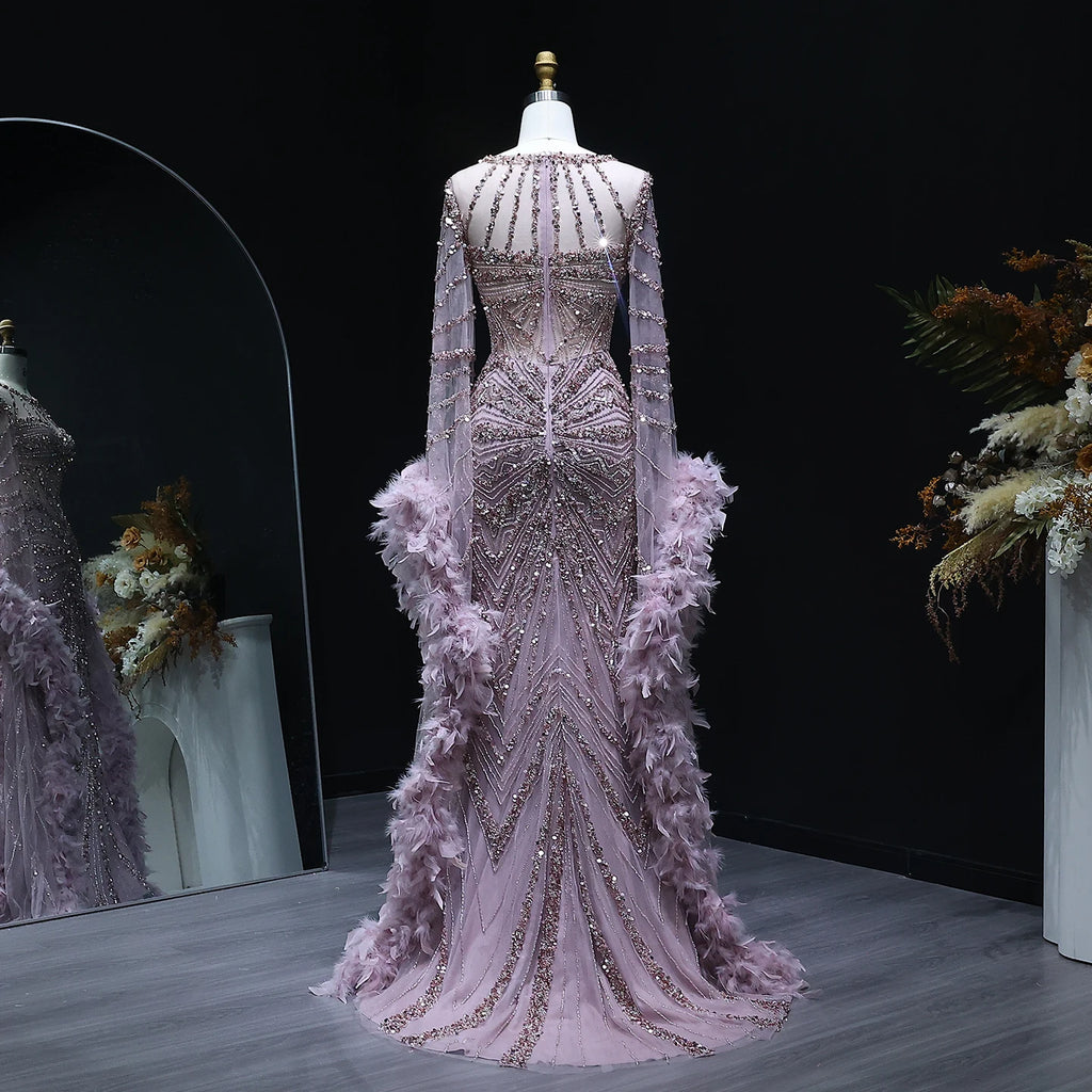 Beaded Mermaid Gown | Feather Cape Sleeves | Caramel & Pink