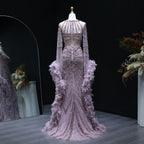 Beaded Mermaid Gown | Feather Cape Sleeves | Caramel & Pink