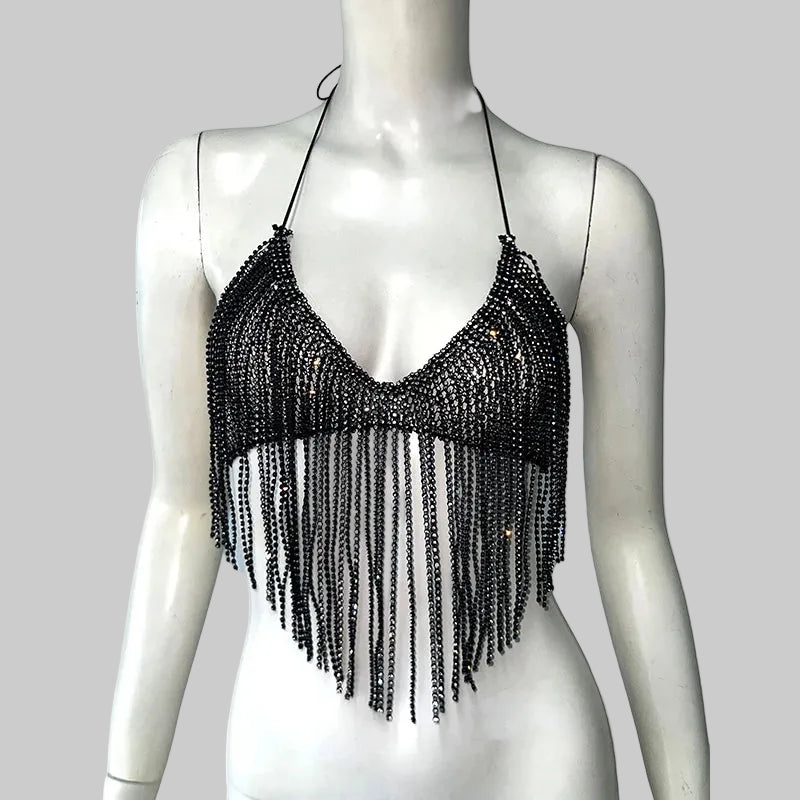 Rhinestone Tassel Bandage Halter Crop Top - Backless Tank