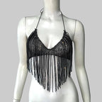 Rhinestone Tassel Bandage Halter Crop Top - Backless Tank