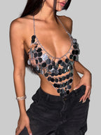 Metal Chain Sequin Halter Camisole - Deep V-Neck Backless Crop Top