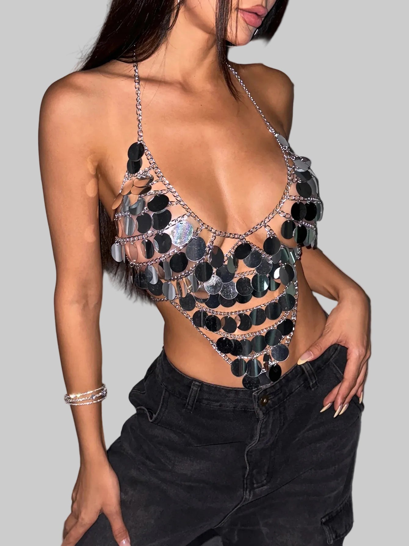 Metal Chain Sequin Halter Camisole - Deep V-Neck Backless Crop Top