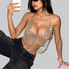 Dazzling Rhinestone Fishing Net Crop Top - Sparkly Chainmail Halter Top